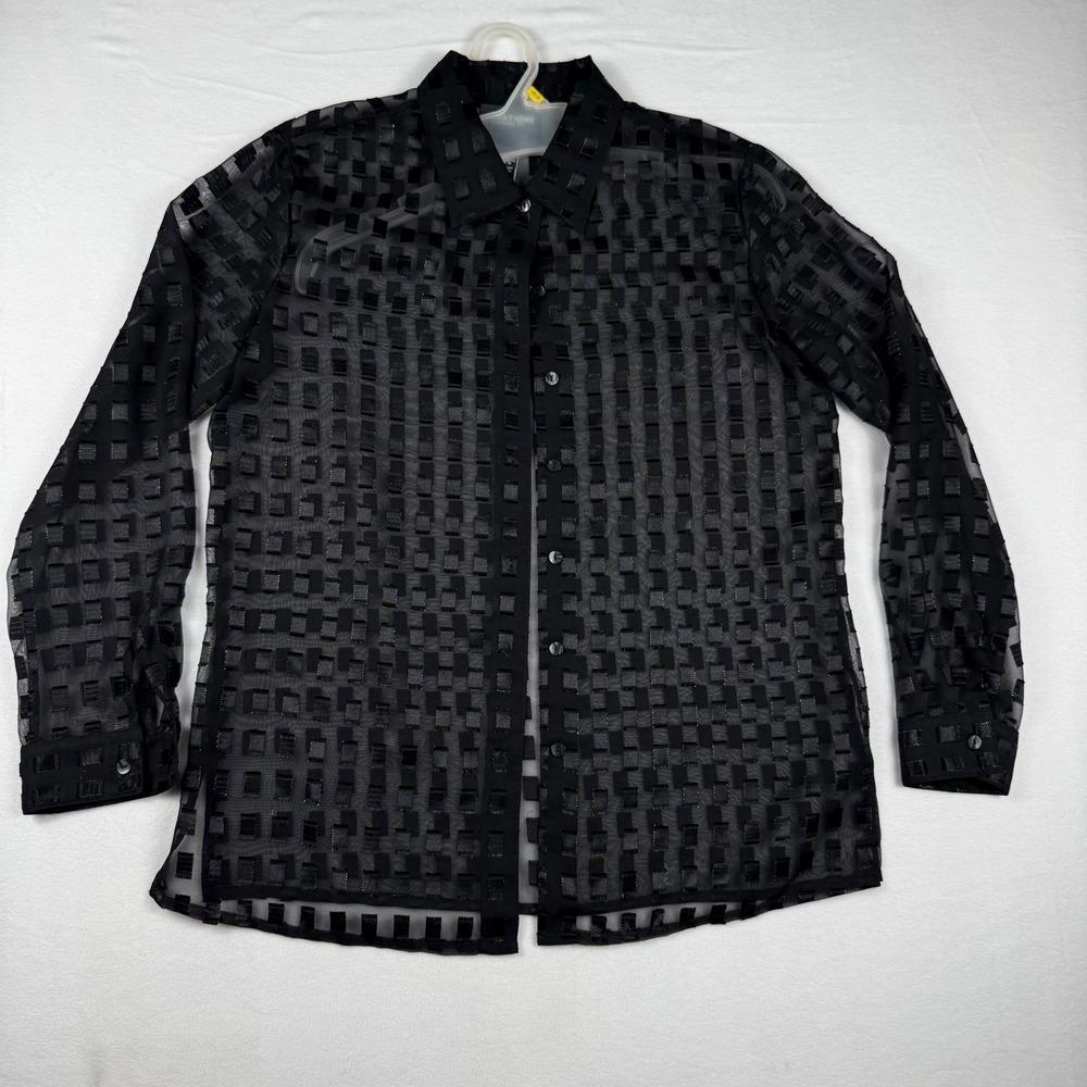 Notations‎ Sheer Grid Button Down Shirt M Black Y2K Dark Academia Goth Mesh Top